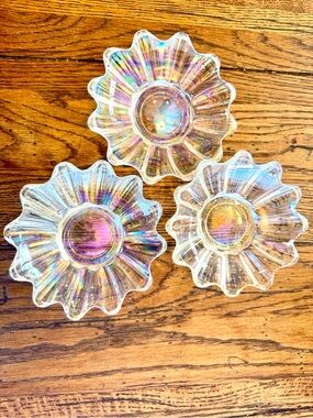 MCM Federal Glass Iridescent Sunburst Celestial Dish Set of Three Rainbow 1950s
